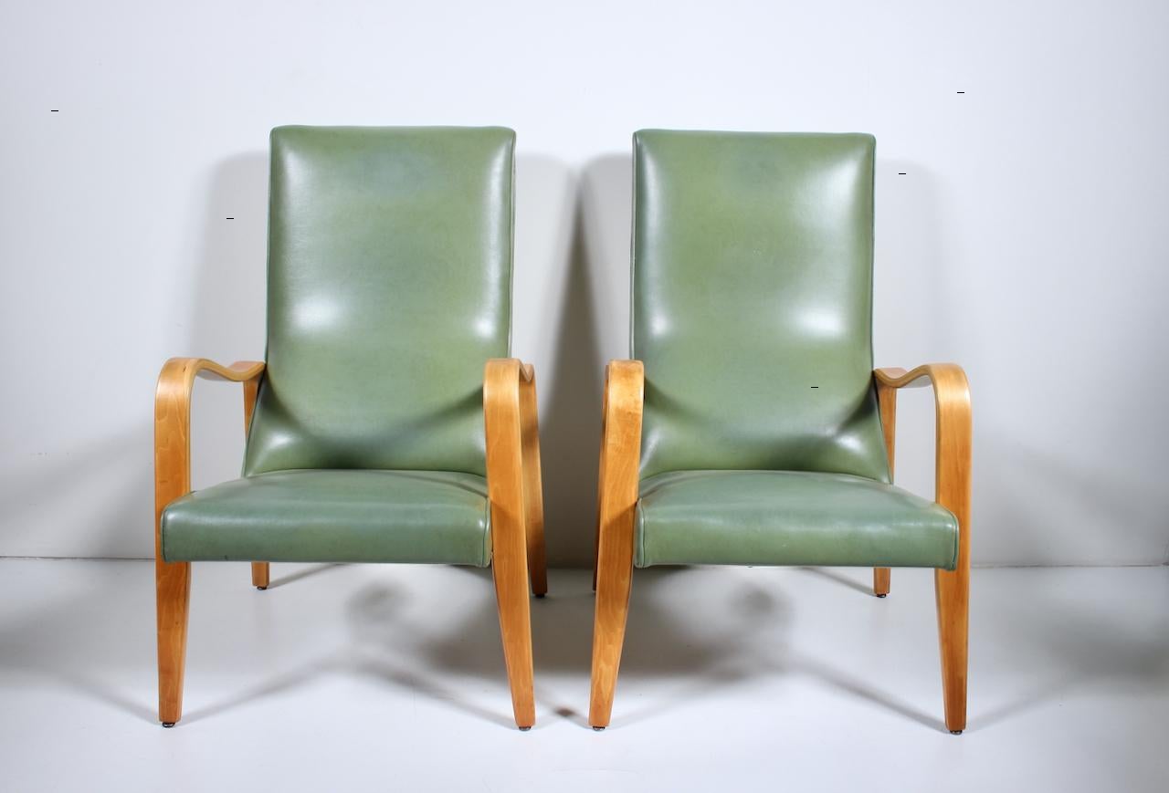 Pair of Thonet Birch Bentwood and Pale Olive Naugahyde High Back Lounge Chairs For Sale 8
