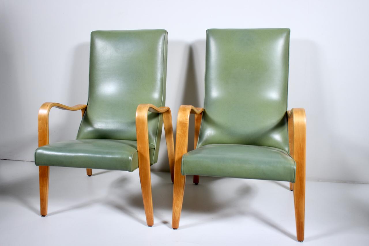 Pair of Thonet Birch Bentwood and Pale Olive Naugahyde High Back Lounge Chairs For Sale 9