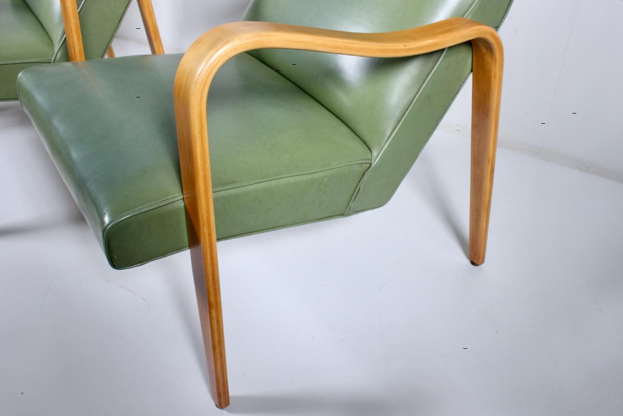 Pair of Thonet Birch Bentwood and Pale Olive Naugahyde High Back Lounge Chairs For Sale 10