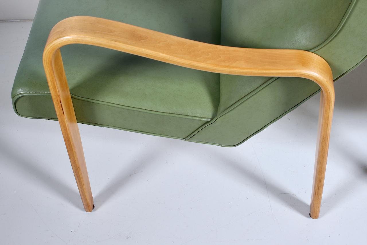 Pair of Thonet Birch Bentwood and Pale Olive Naugahyde High Back Lounge Chairs For Sale 11