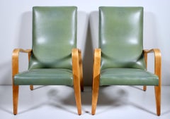 Pair of Thonet Birch Bentwood and Pale Olive Naugahyde High Back Lounge Chairs