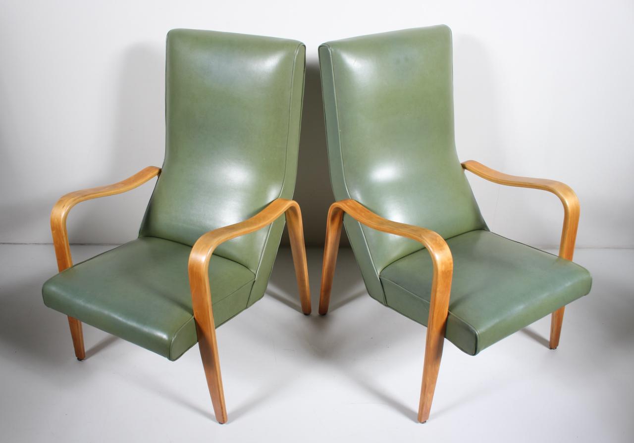 Mid-Century Modern Pair of Thonet Birch Bentwood and Pale Olive Naugahyde High Back Lounge Chairs For Sale