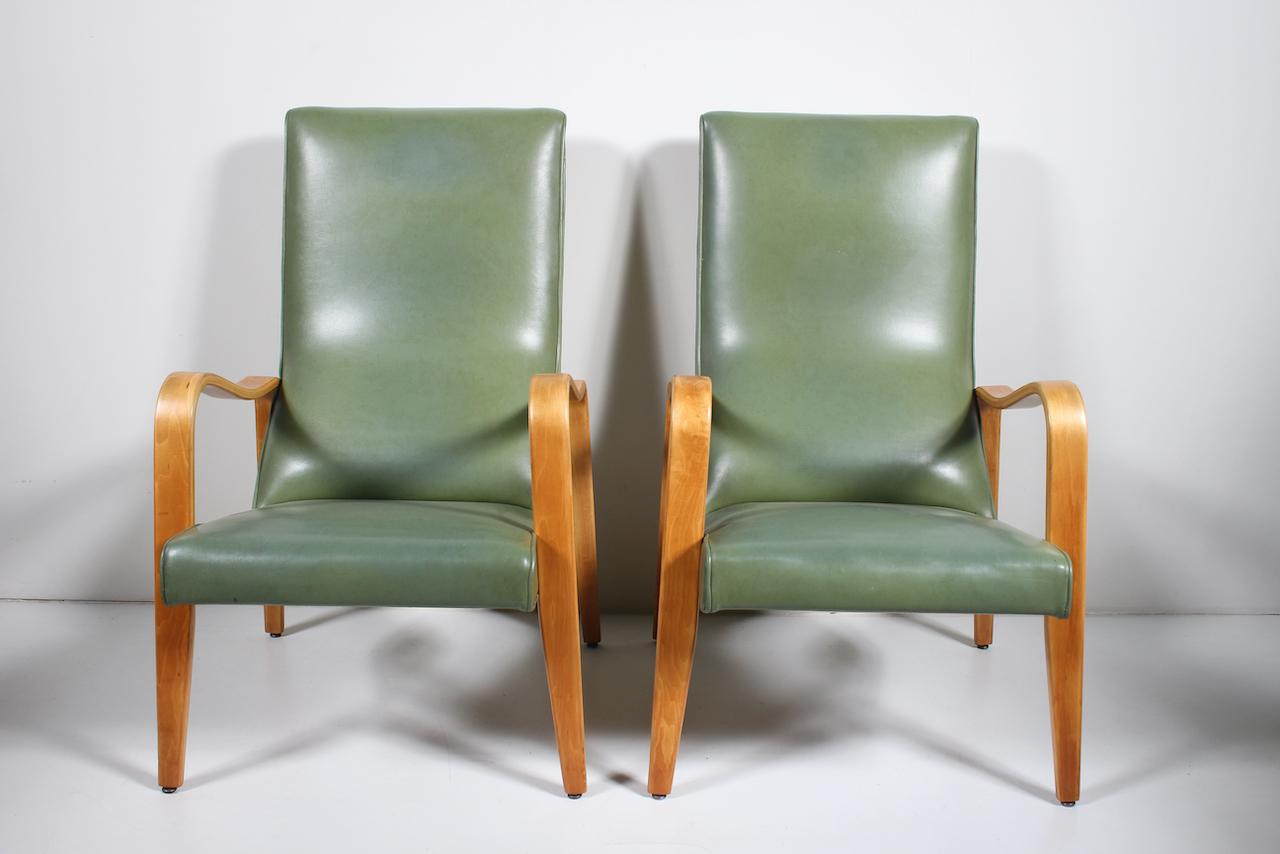 American Pair of Thonet Birch Bentwood and Pale Olive Naugahyde High Back Lounge Chairs For Sale
