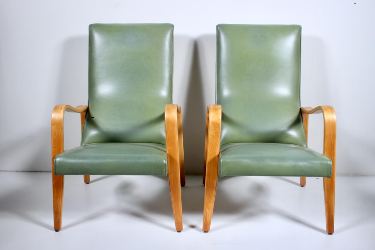 Pair of Thonet Birch Bentwood and Pale Olive Naugahyde High Back Lounge Chairs In Good Condition For Sale In Bainbridge, NY
