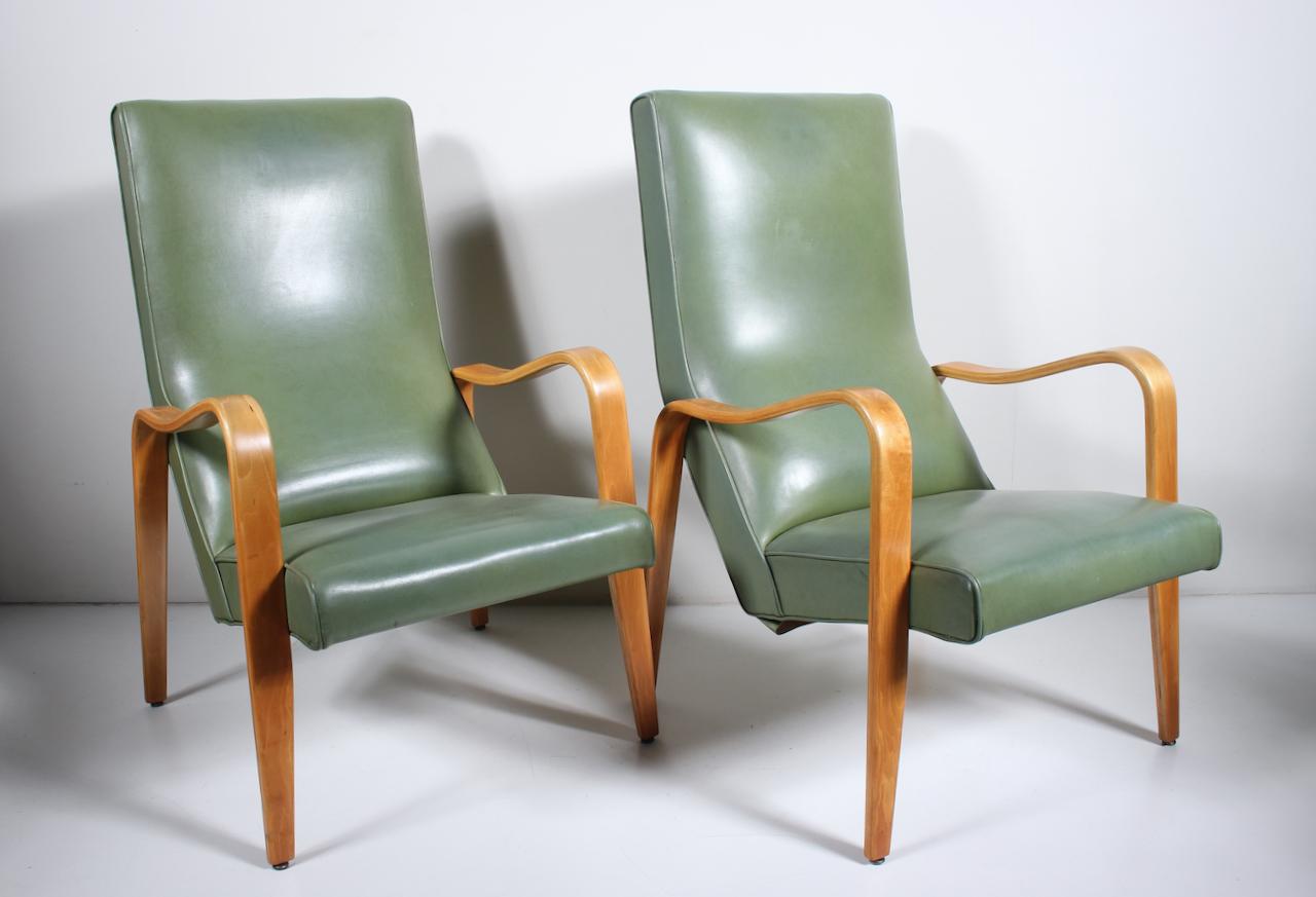 Mid-20th Century Pair of Thonet Birch Bentwood and Pale Olive Naugahyde High Back Lounge Chairs For Sale