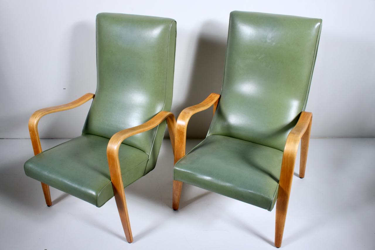 Wood Pair of Thonet Birch Bentwood and Pale Olive Naugahyde High Back Lounge Chairs For Sale