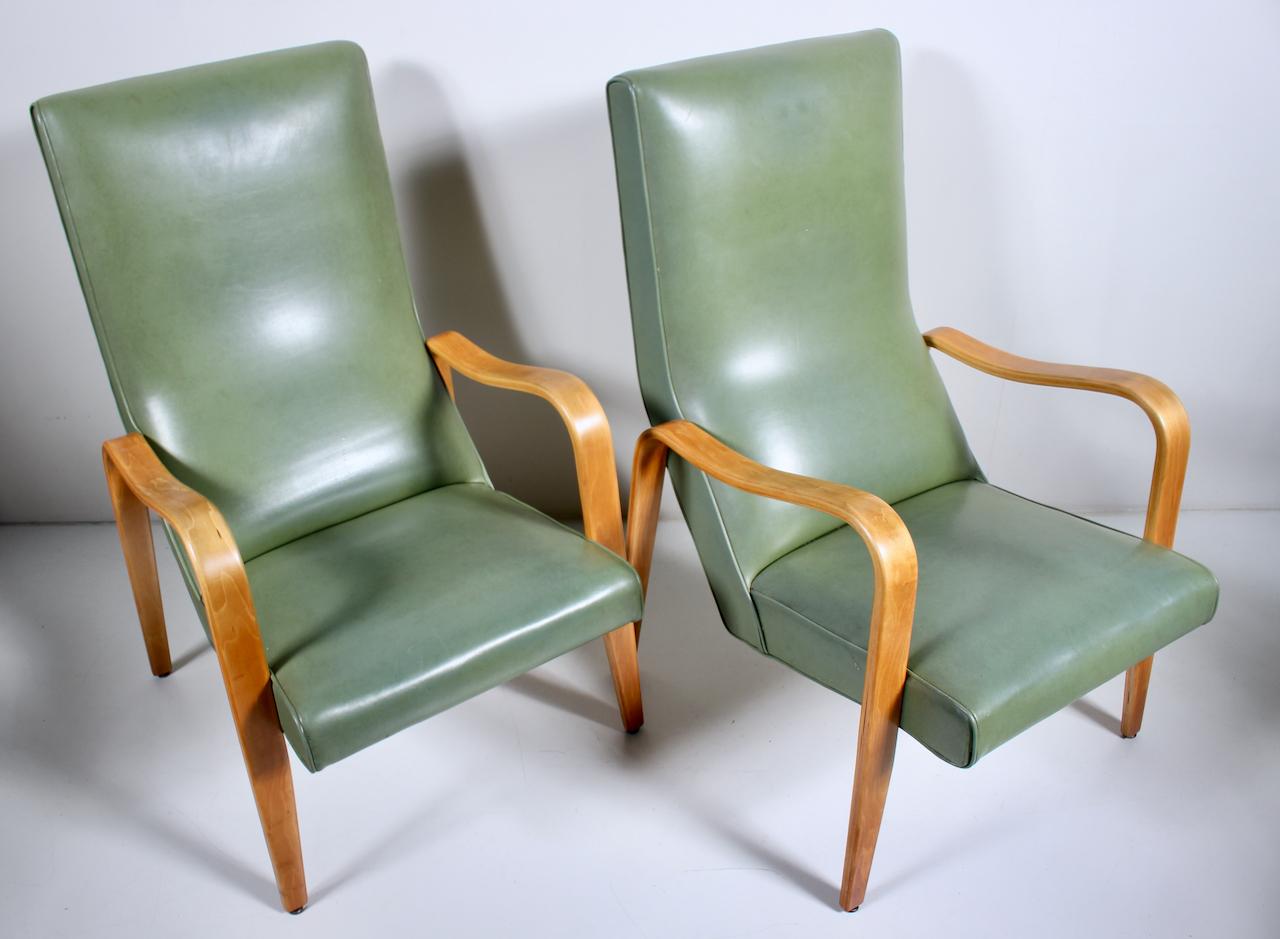Pair of Thonet Birch Bentwood and Pale Olive Naugahyde High Back Lounge Chairs For Sale 1
