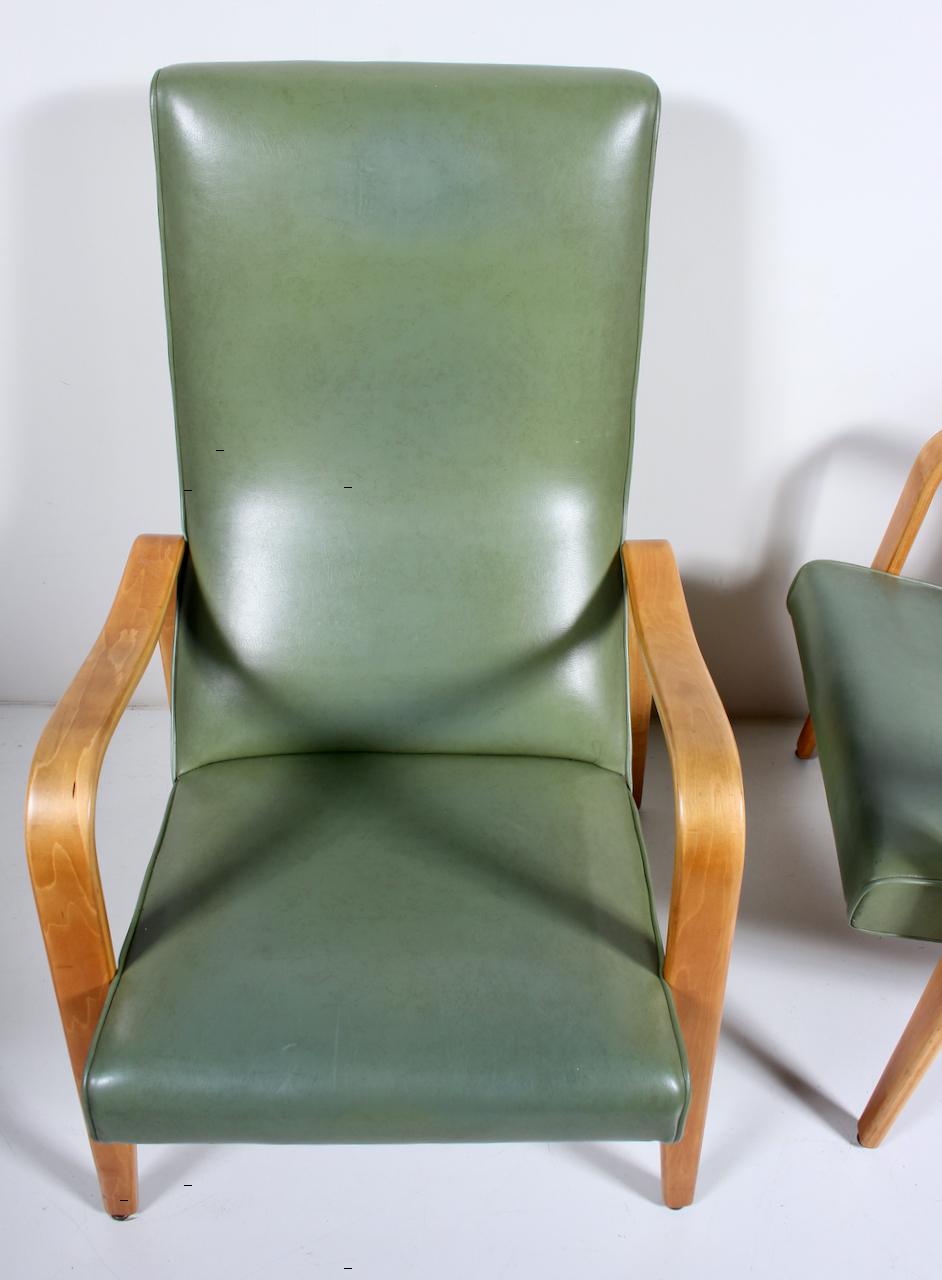 Pair of Thonet Birch Bentwood and Pale Olive Naugahyde High Back Lounge Chairs For Sale 2