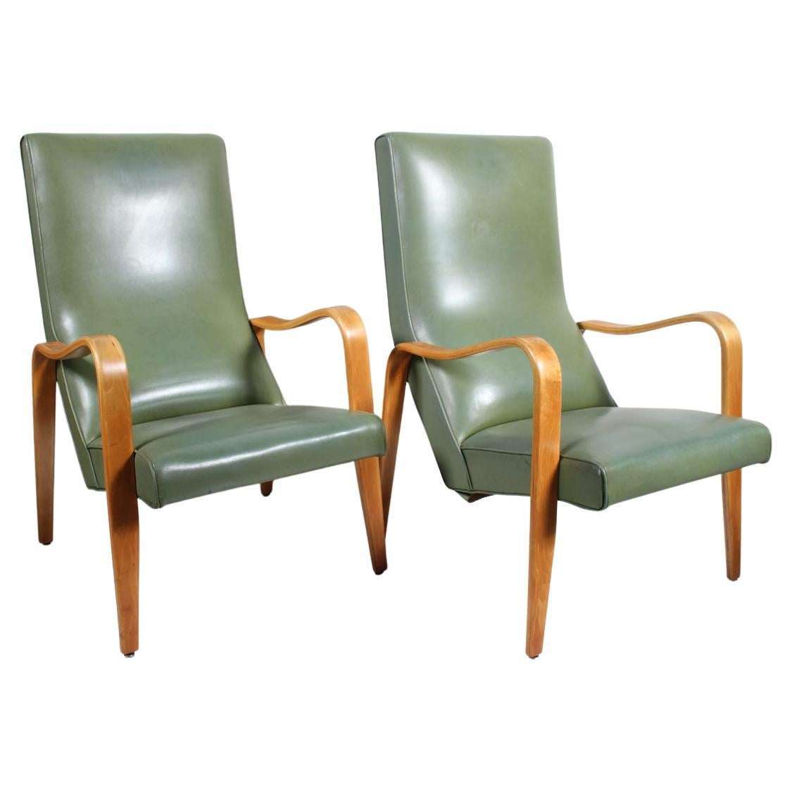 Pair of Thonet Birch Bentwood and Pale Olive Naugahyde High Back Lounge Chairs For Sale