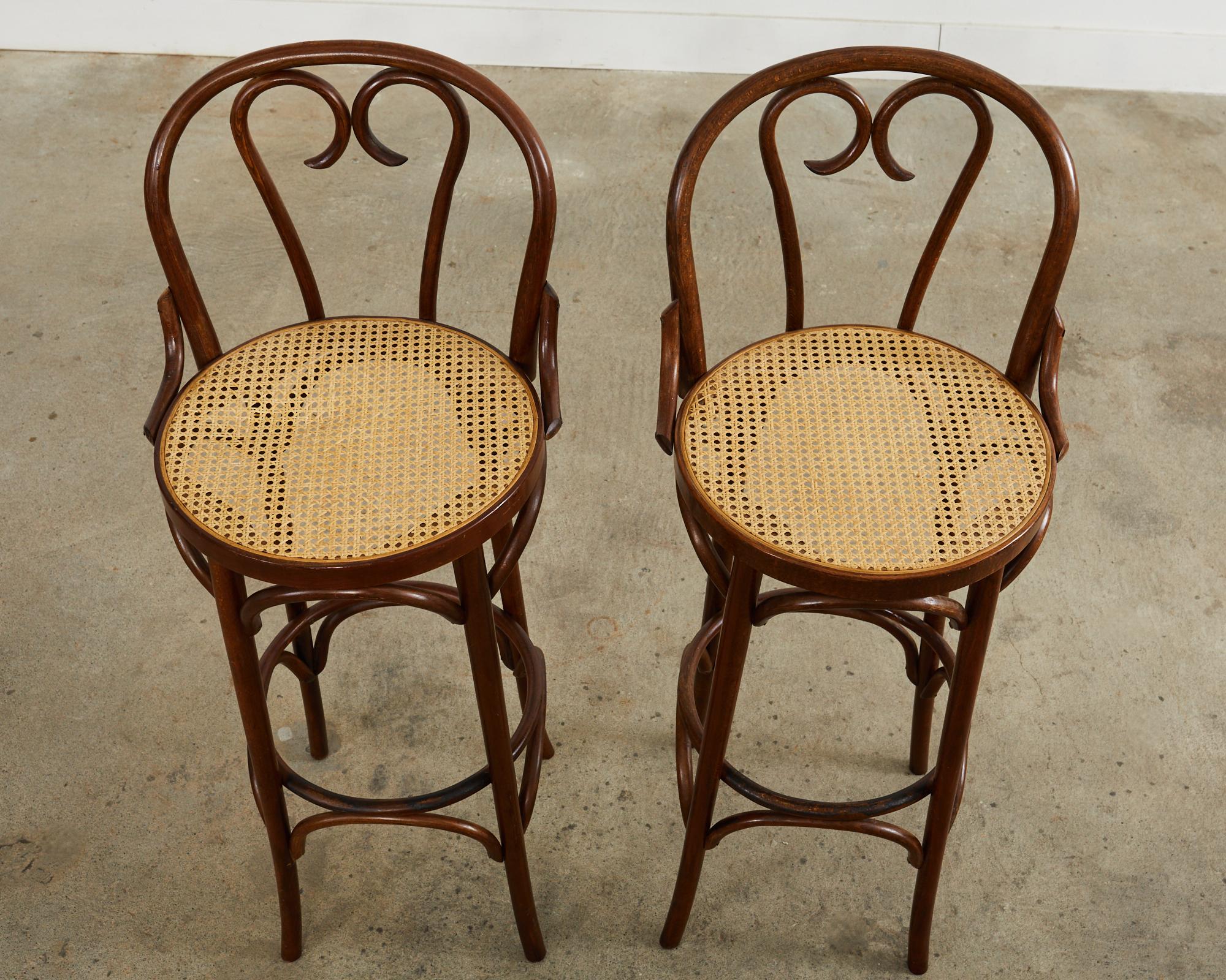 Mid-Century Modern Pair of Thonet Romanian Bentwood Cane Bar Stools For Sale