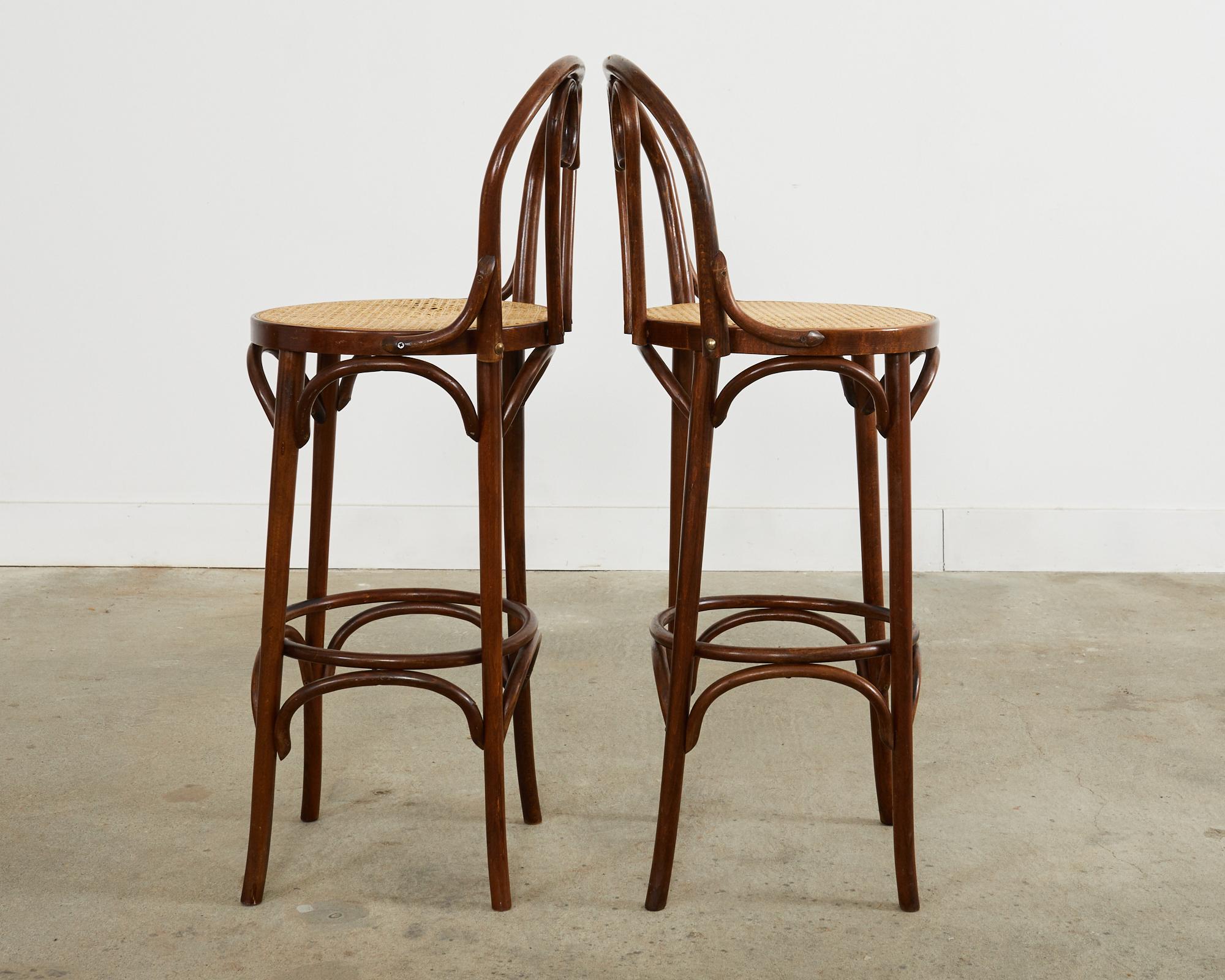 Pair of Thonet Romanian Bentwood Cane Bar Stools In Good Condition For Sale In Rio Vista, CA
