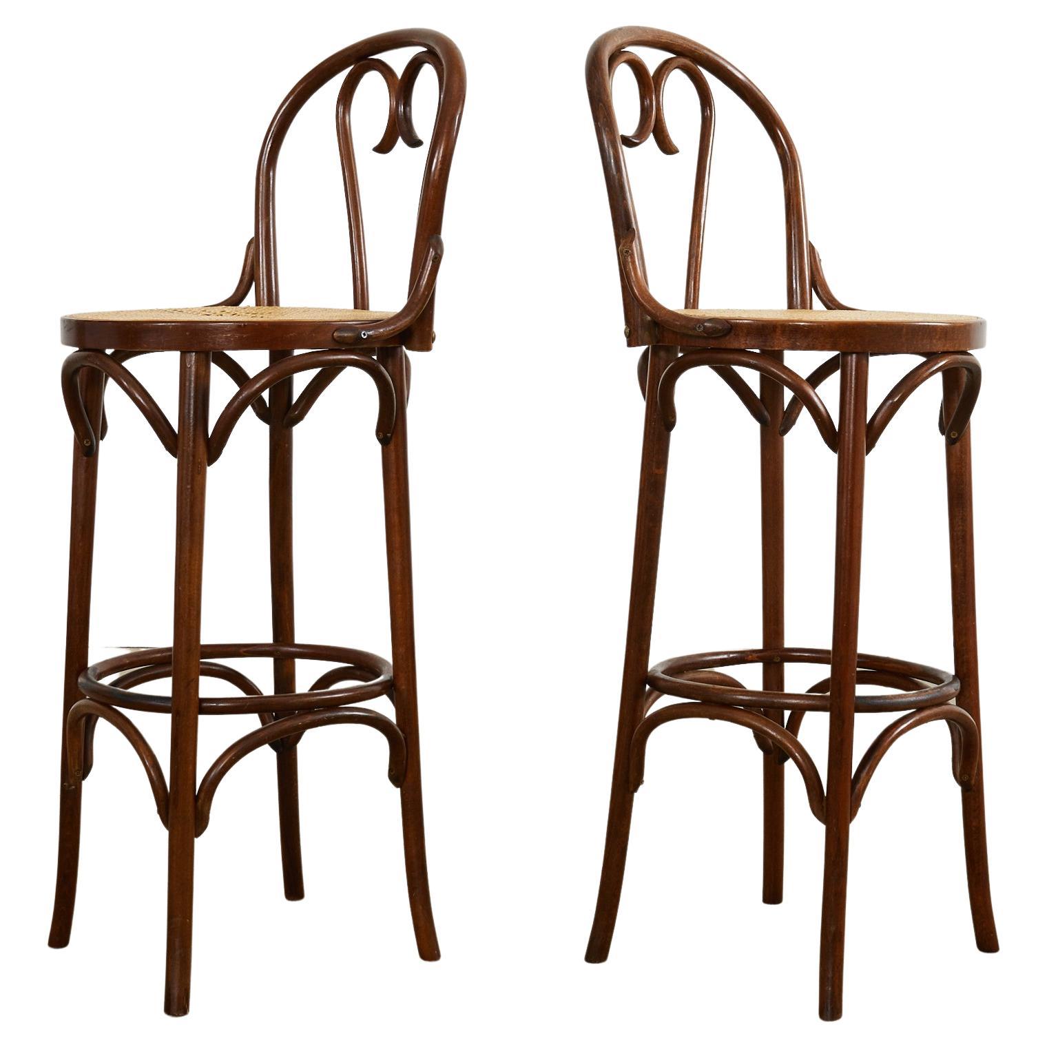 Pair of Thonet Romanian Bentwood Cane Bar Stools For Sale