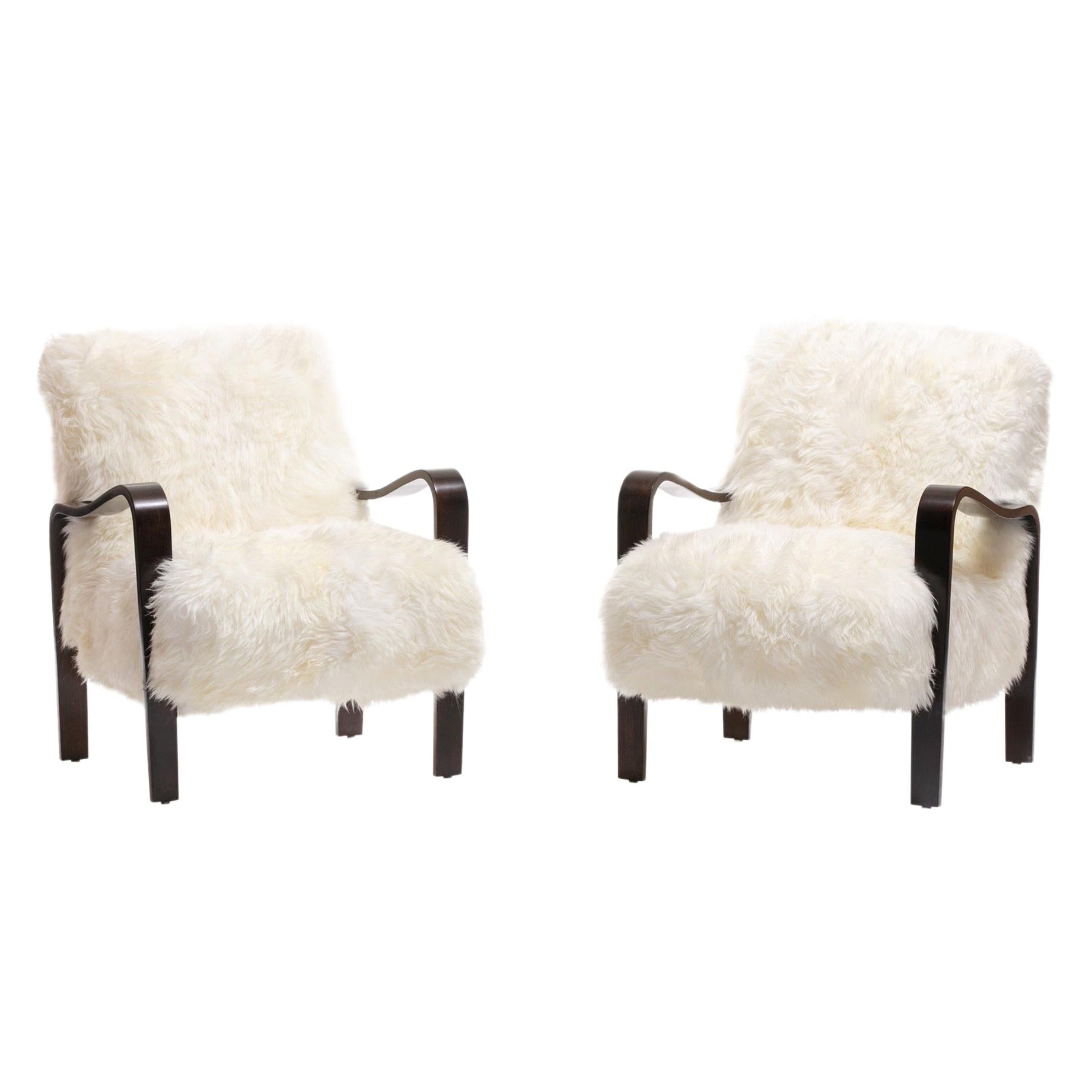 Pair of Thonet Sculptural Bentwood and Ivory Sheepskin Armchairs, circa 1950
