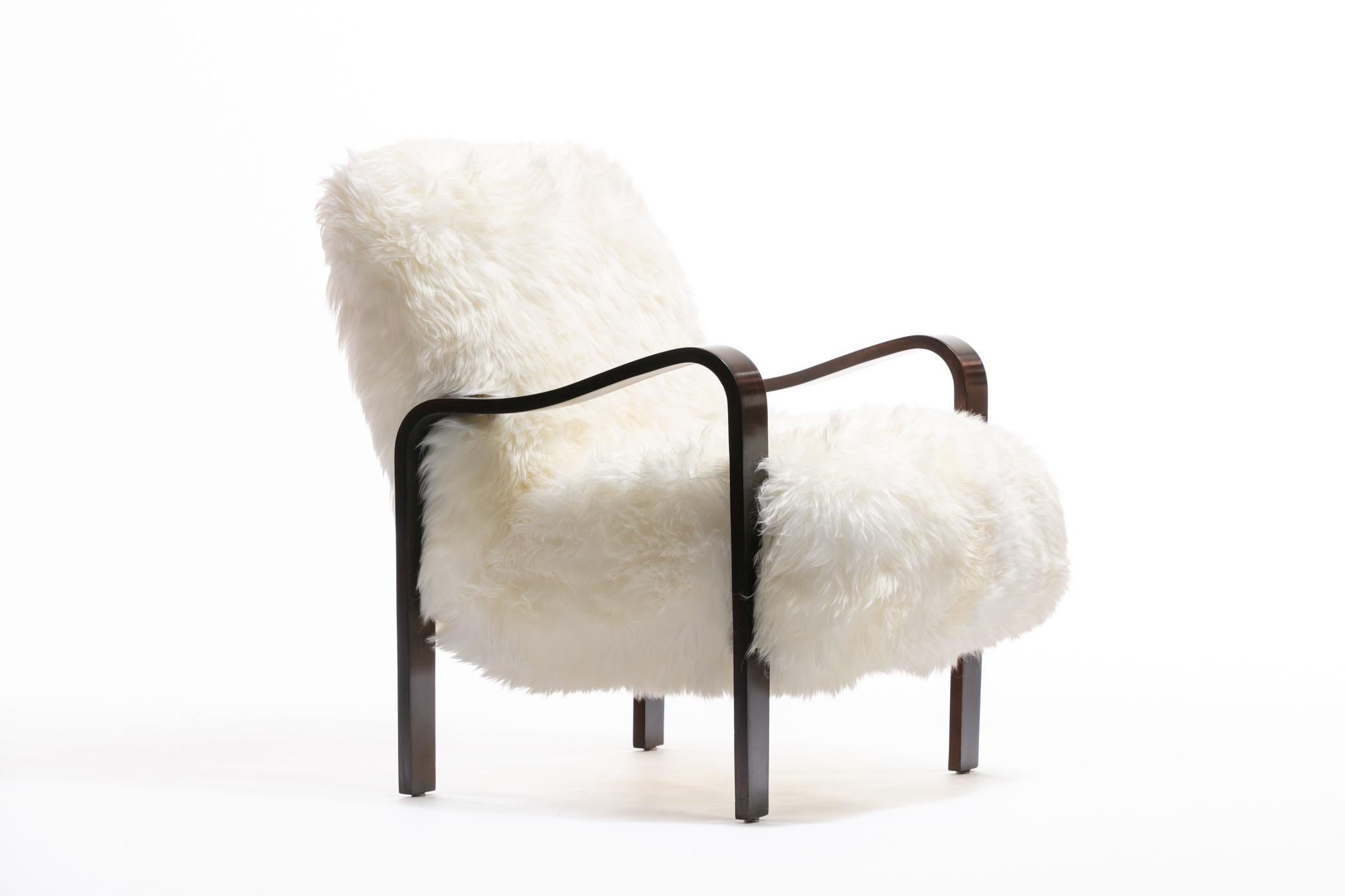 Pair of Thonet Sculptural Bentwood and Ivory Sheepskin Armchairs, circa 1950 1