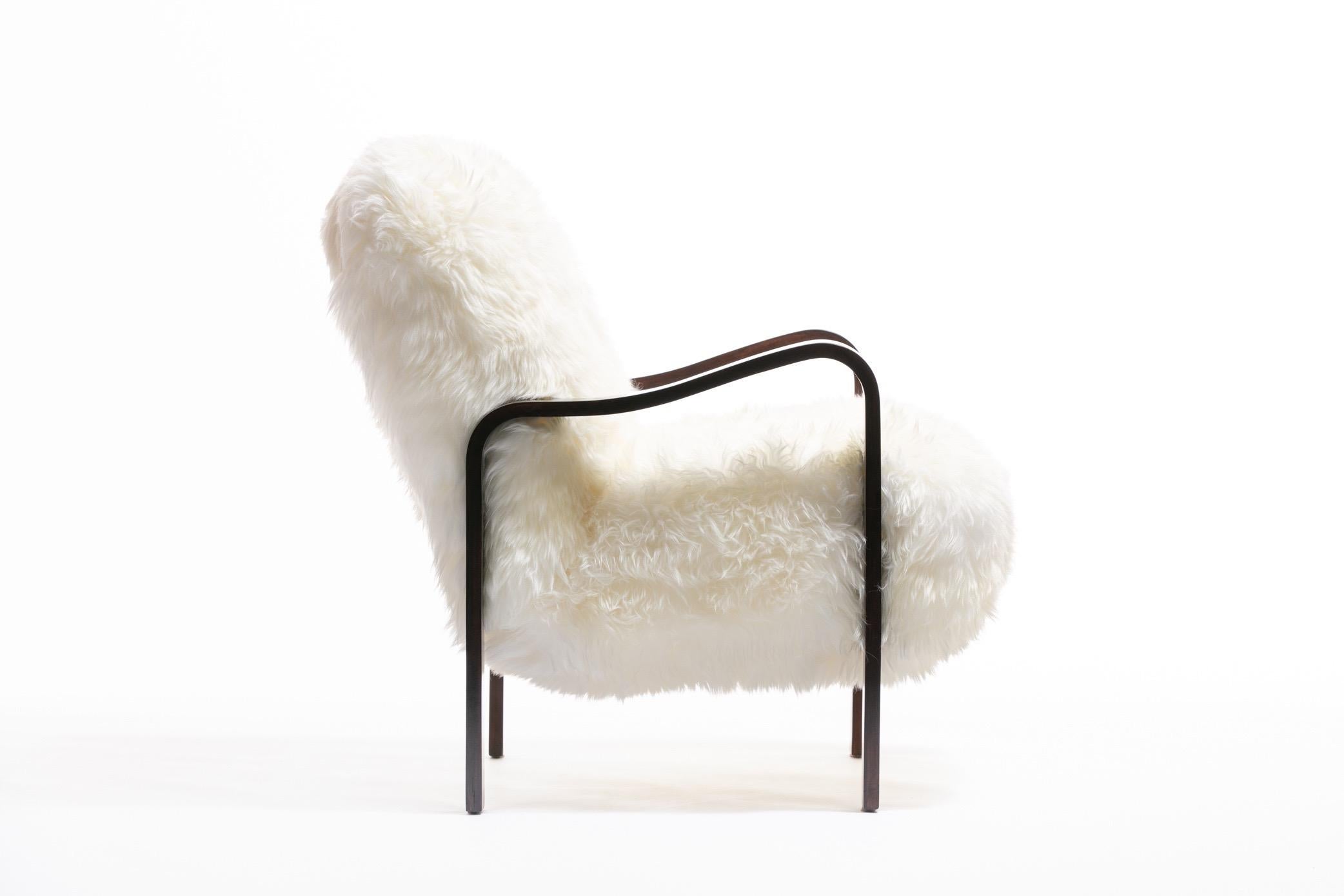 Pair of Thonet Sculptural Bentwood and Ivory Sheepskin Armchairs, circa 1950 2