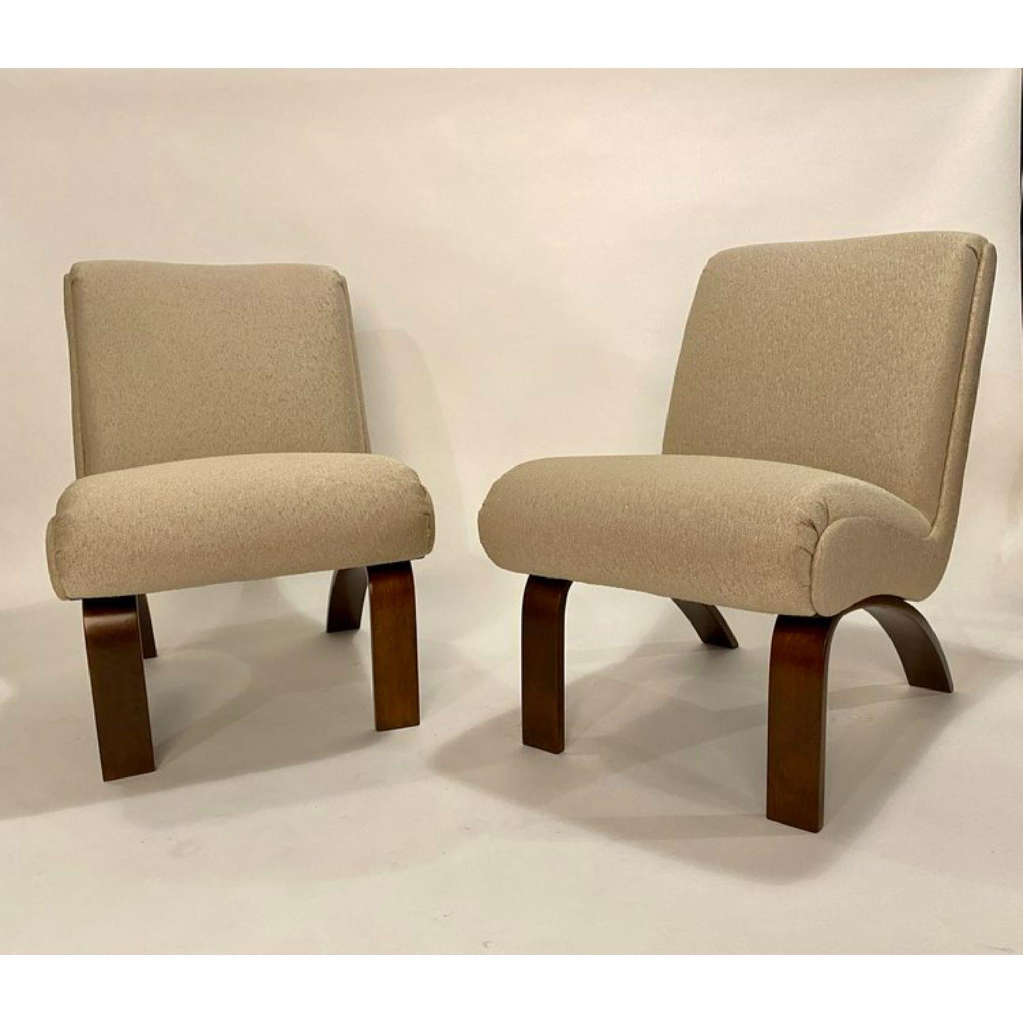 Pair of vintage Thonet slipper chairs in restored walnut bentwood legs and reupholstered in a champagne chenille fabric.

Additional Information:
Materials: Bentwood Walnut, Fabric
Color: Champagne
Style: Art Deco, Mid-Century Modern
Period:
