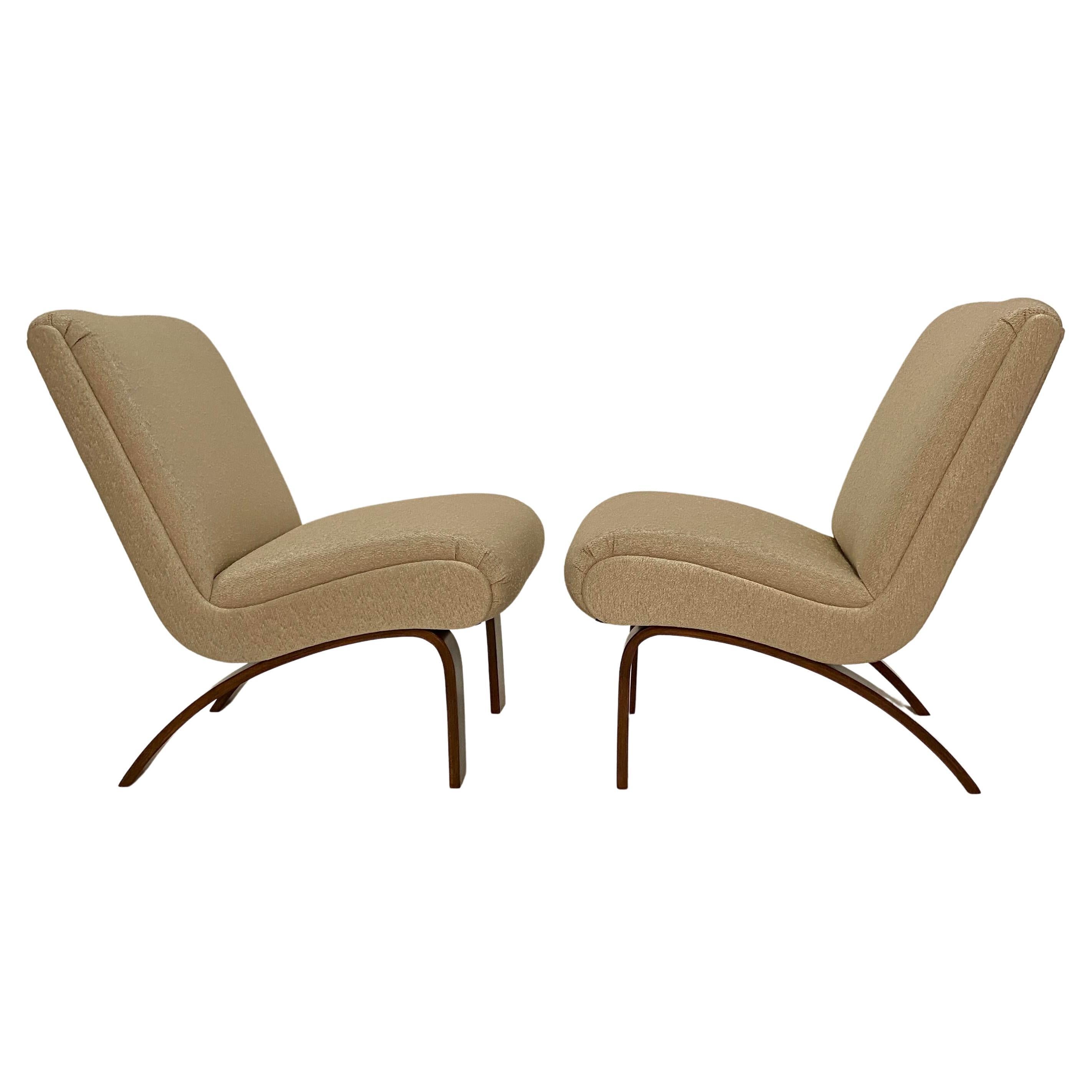 Pair of Thonet Slipper Chairs in Chenille Fabric and Bentwood Walnut Legs