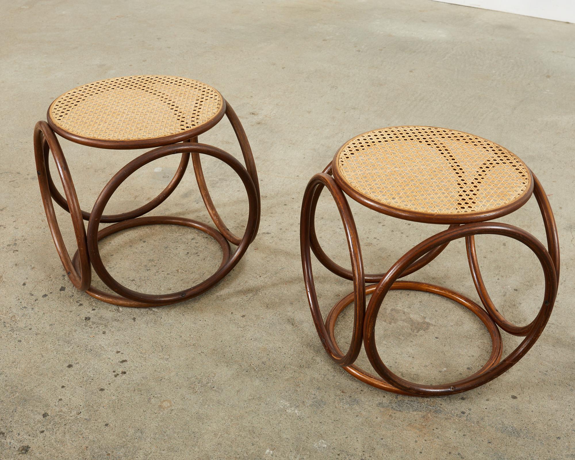 Pair of Thonet Style Bentwood Rattan Cane Drink Table Stools  10