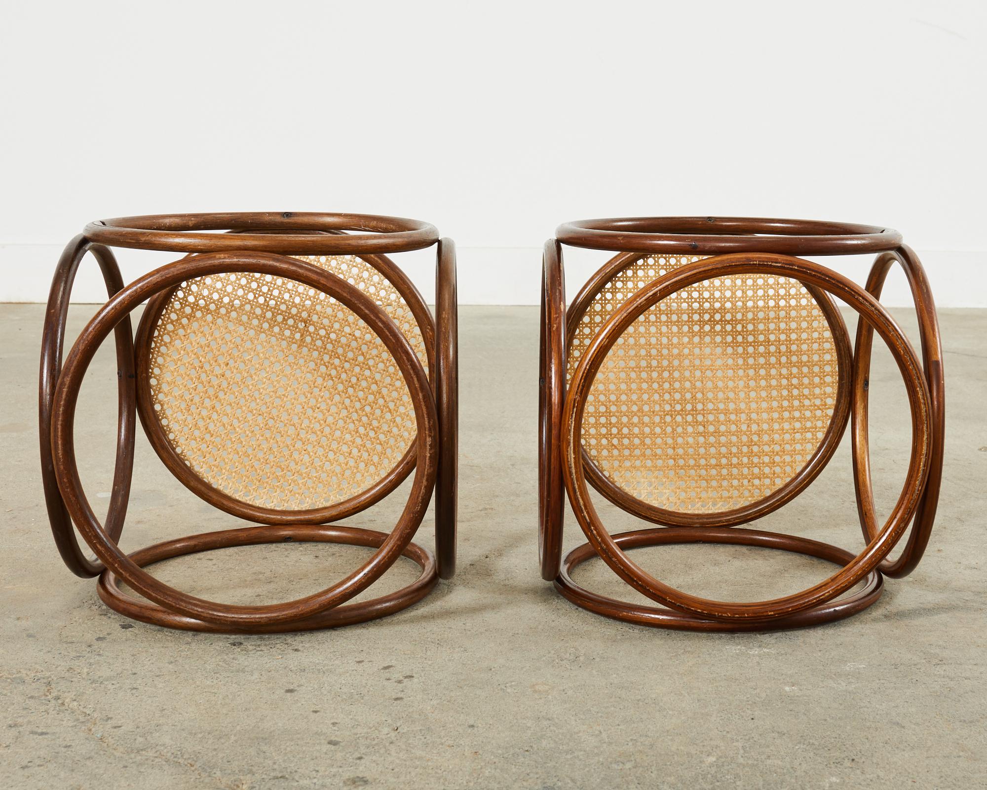 Pair of Thonet Style Bentwood Rattan Cane Drink Table Stools  11