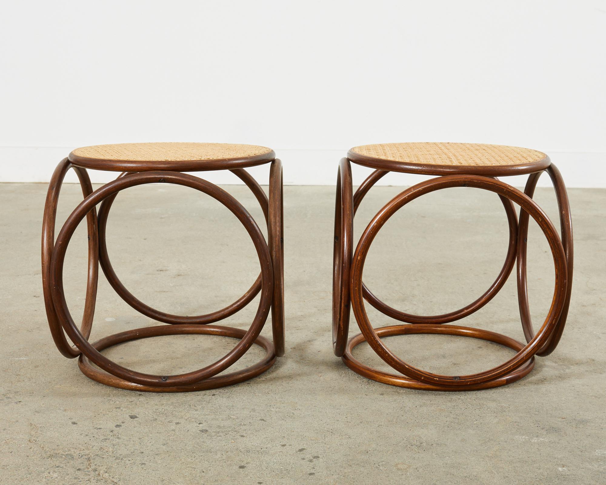 Mid-Century Modern Pair of Thonet Style Bentwood Rattan Cane Drink Table Stools 