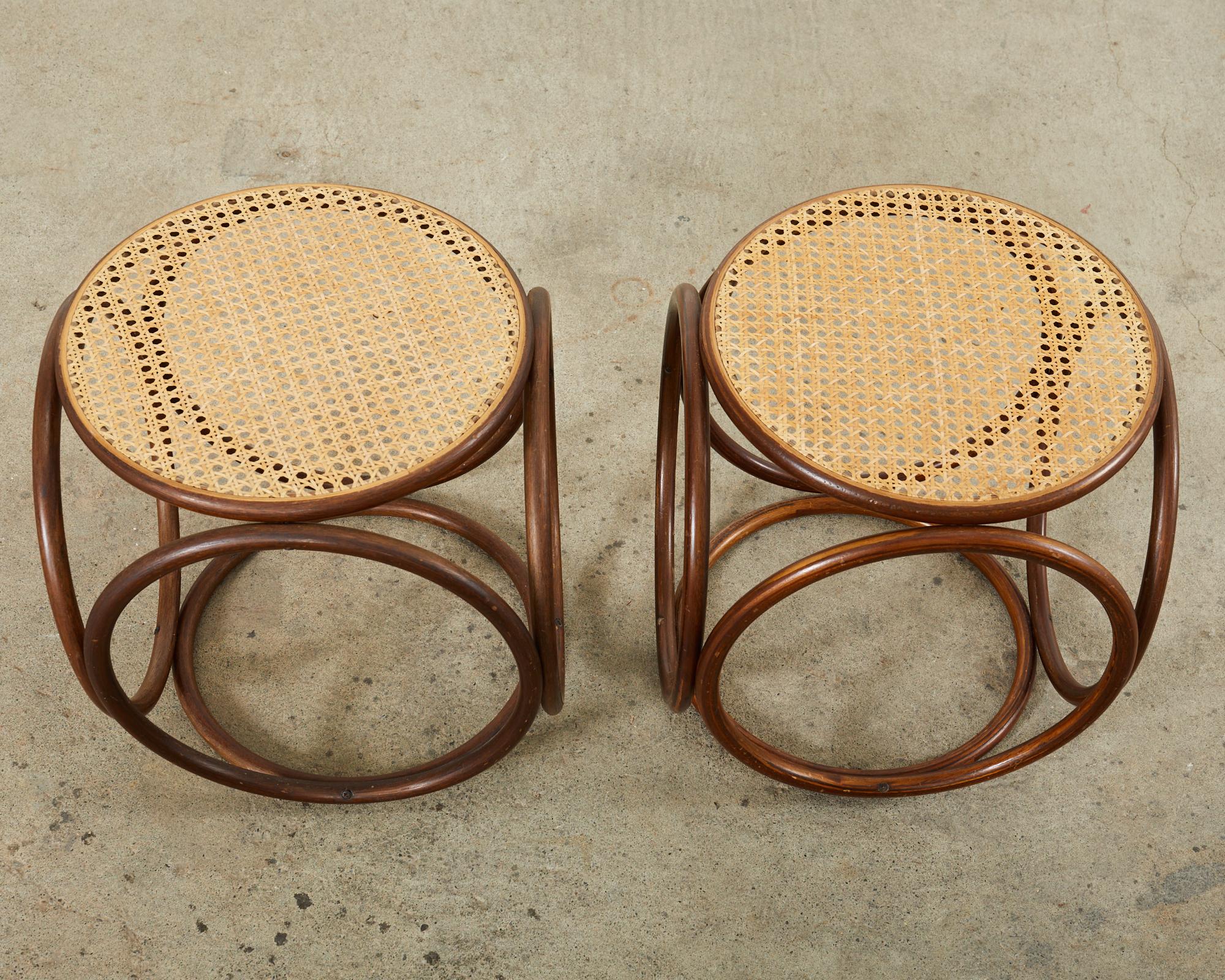 European Pair of Thonet Style Bentwood Rattan Cane Drink Table Stools 