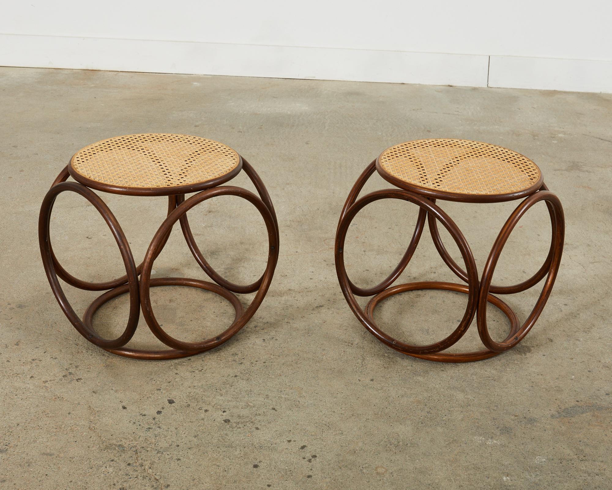 Hand-Crafted Pair of Thonet Style Bentwood Rattan Cane Drink Table Stools 