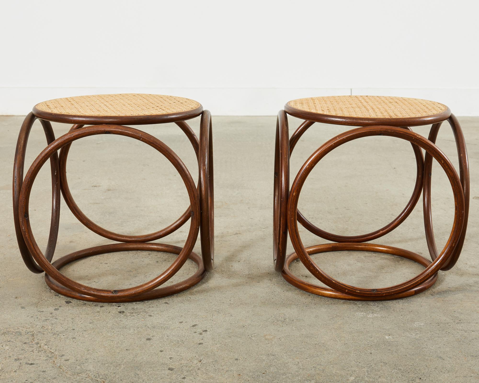 Pair of Thonet Style Bentwood Rattan Cane Drink Table Stools  In Good Condition In Rio Vista, CA
