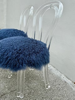 Pair of Thonet Style Vintage Lucite and Blue Mongolian Wool Side Chairs