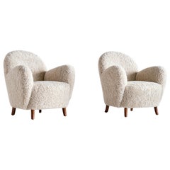 Pair of Thorald Madsen Armchairs in Sheepskin and Beech, Denmark, Mid 1930s