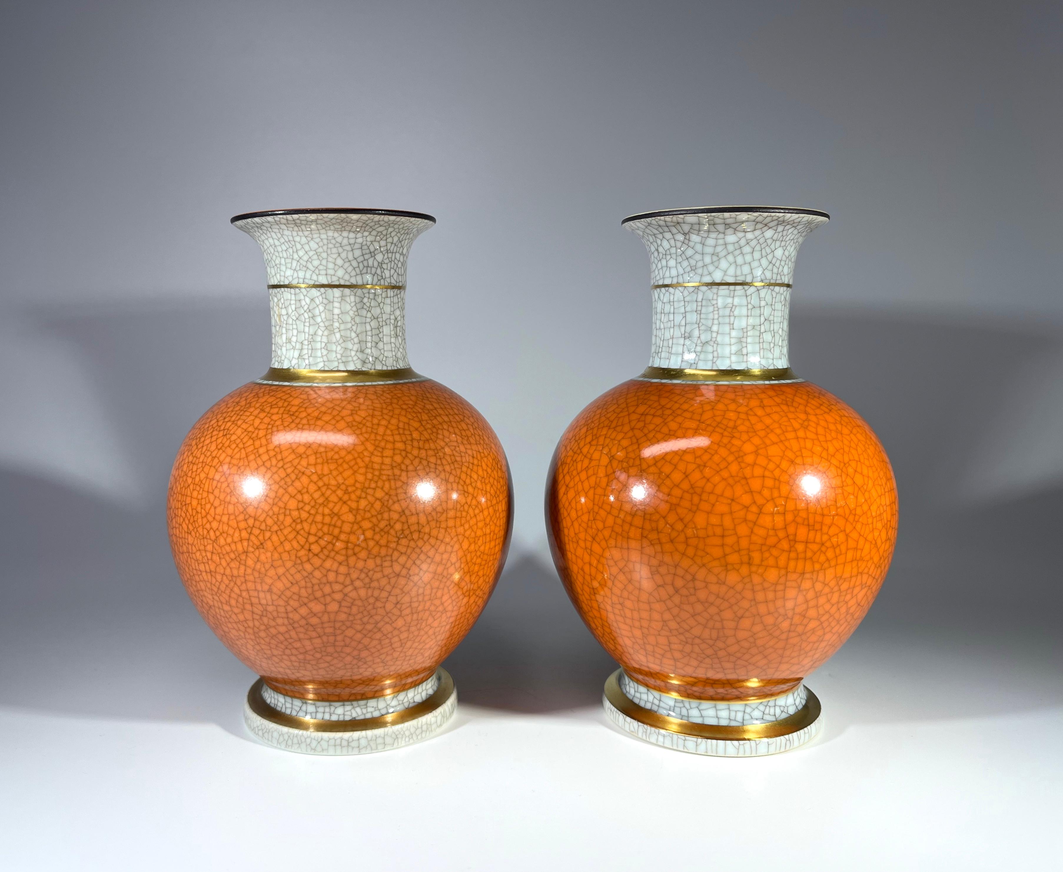 Danish Pair Of Thorkild Olsen For Royal Copenhagen Terracotta Crackle Glazed Ball Vases