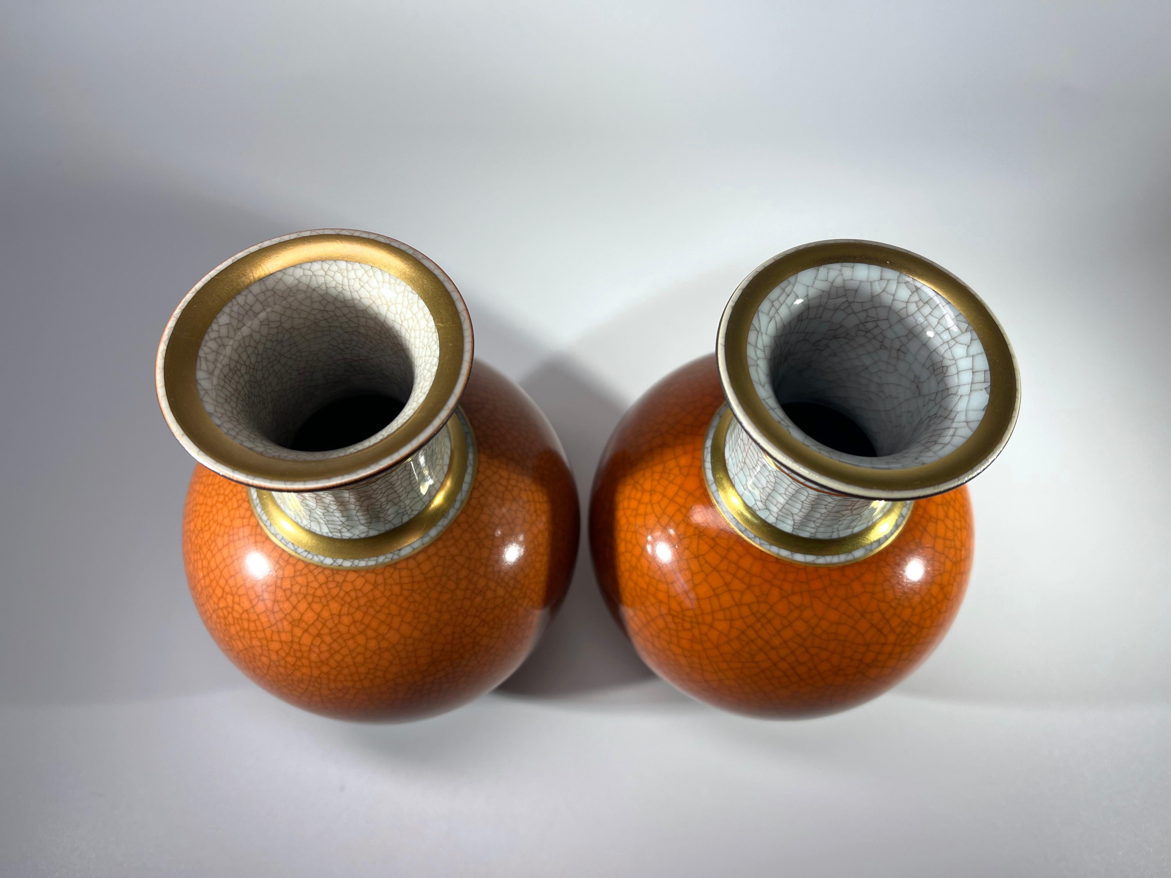 20th Century Pair Of Thorkild Olsen For Royal Copenhagen Terracotta Crackle Glazed Ball Vases
