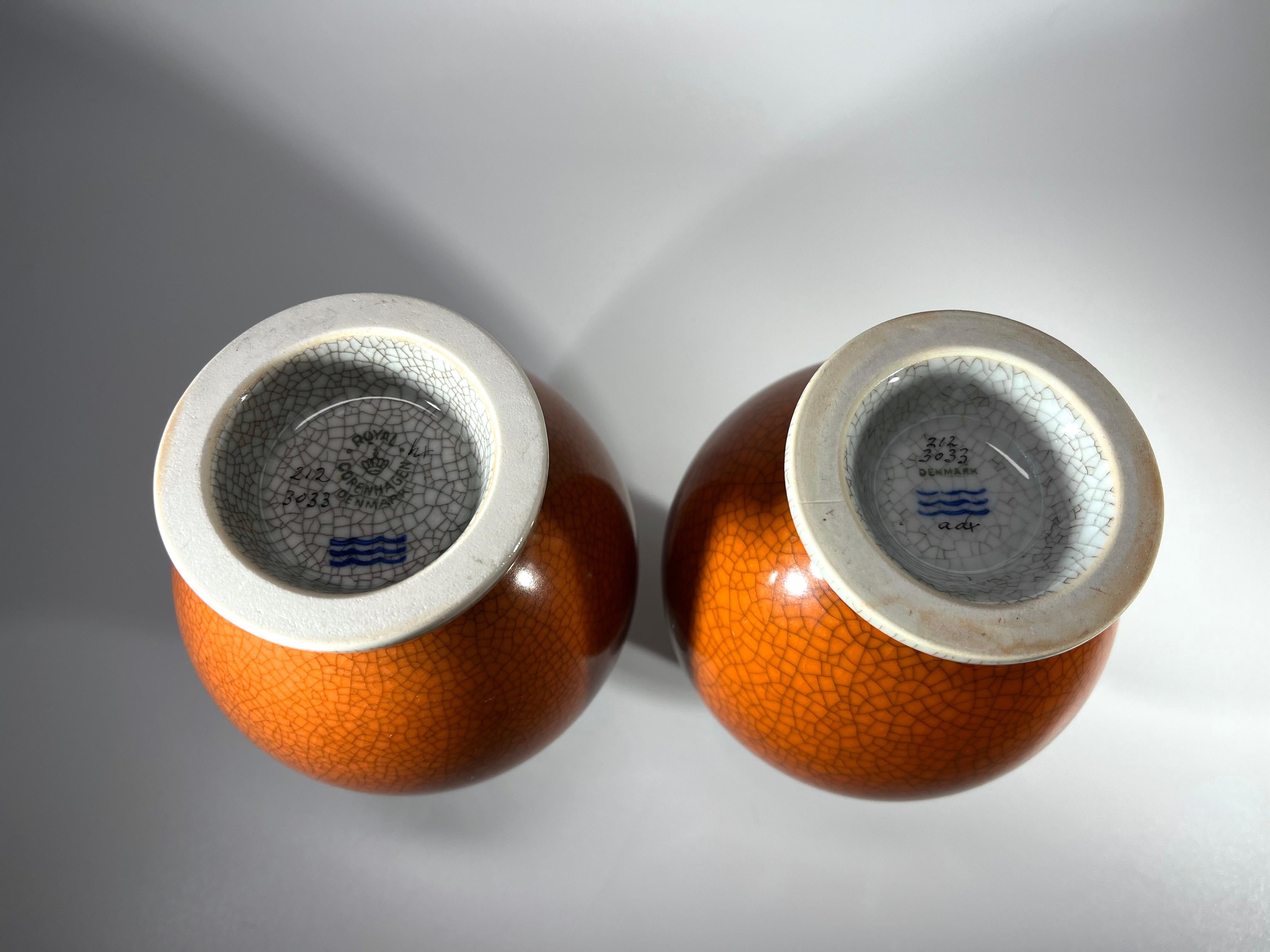 Porcelain Pair Of Thorkild Olsen For Royal Copenhagen Terracotta Crackle Glazed Ball Vases