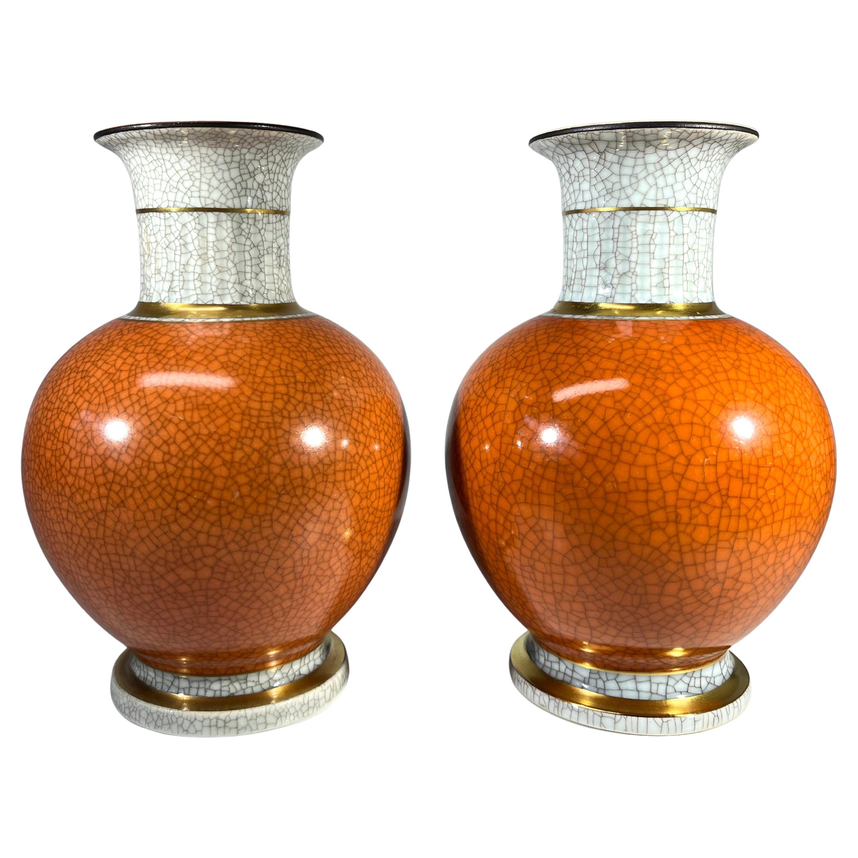 Pair Of Thorkild Olsen For Royal Copenhagen Terracotta Crackle Glazed Ball Vases