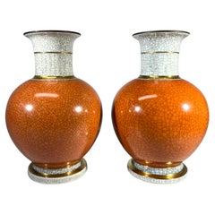 Pair Of Thorkild Olsen For Royal Copenhagen Terracotta Crackle Glazed Ball Vases
