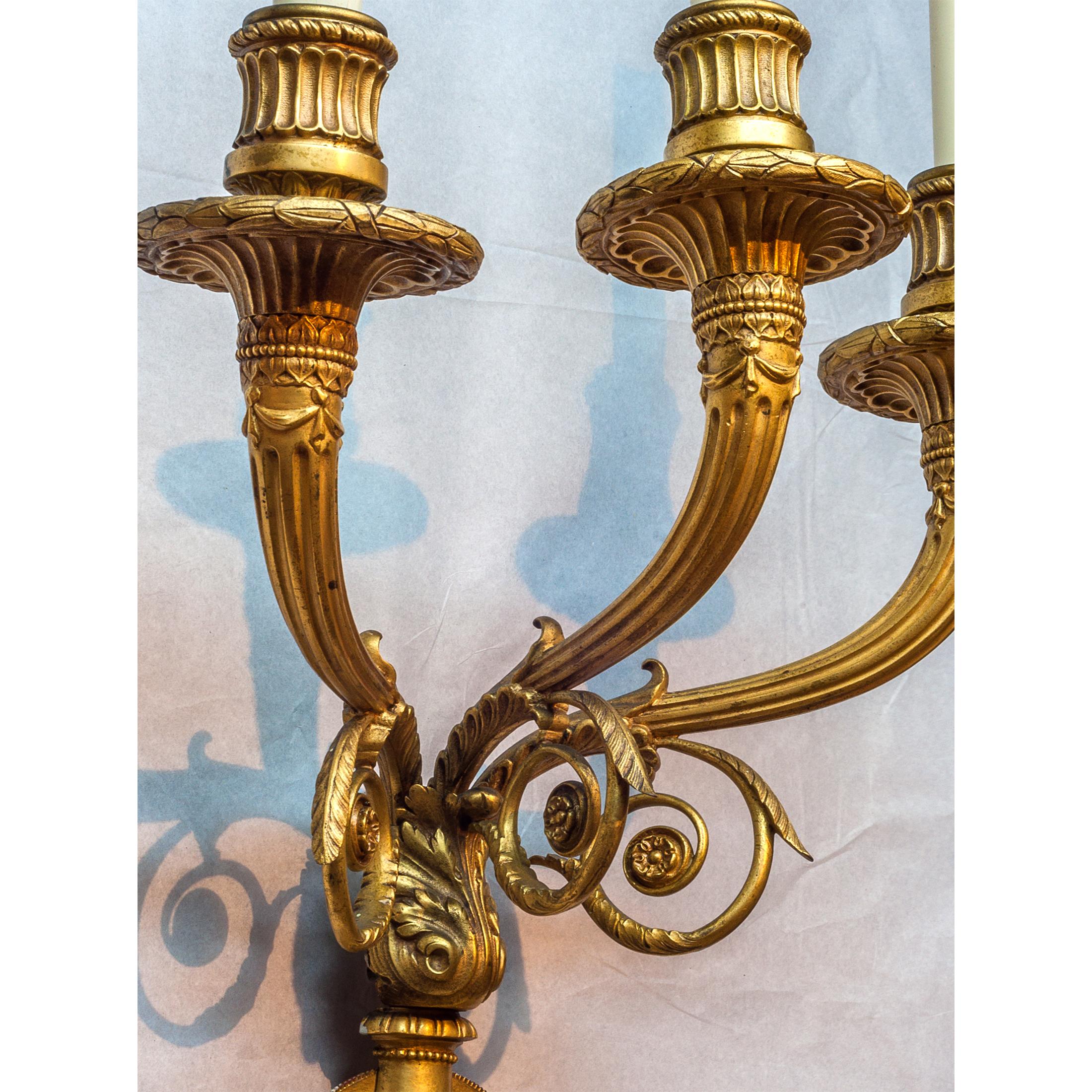 French Pair of Three-Arm Gilt Bronze Wall Sconces Attributed to Caldwell For Sale