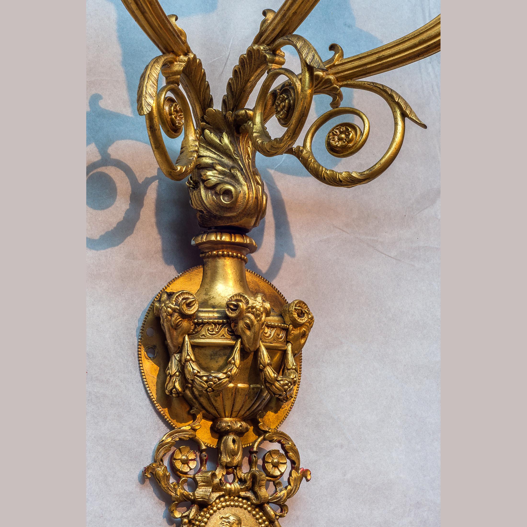 Pair of Three-Arm Gilt Bronze Wall Sconces Attributed to Caldwell In Excellent Condition For Sale In New York, NY