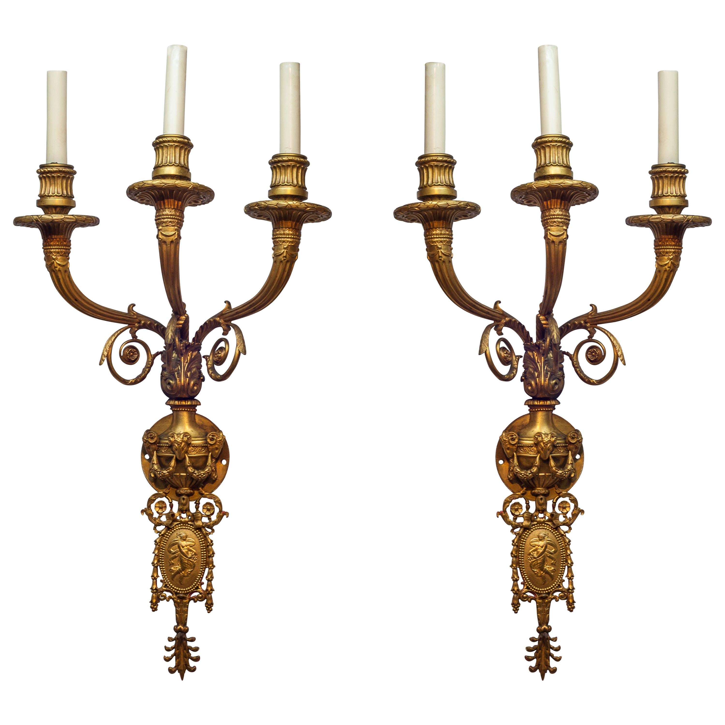 Pair of Three-Arm Gilt Bronze Wall Sconces Attributed to Caldwell