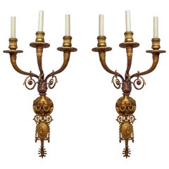 Antique Pair of Three-Arm Gilt Bronze Wall Sconces Attributed to Caldwell