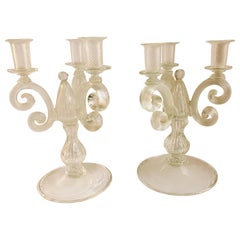 Pair of Three-Arm Murano Glass Candleholders Candlesticks