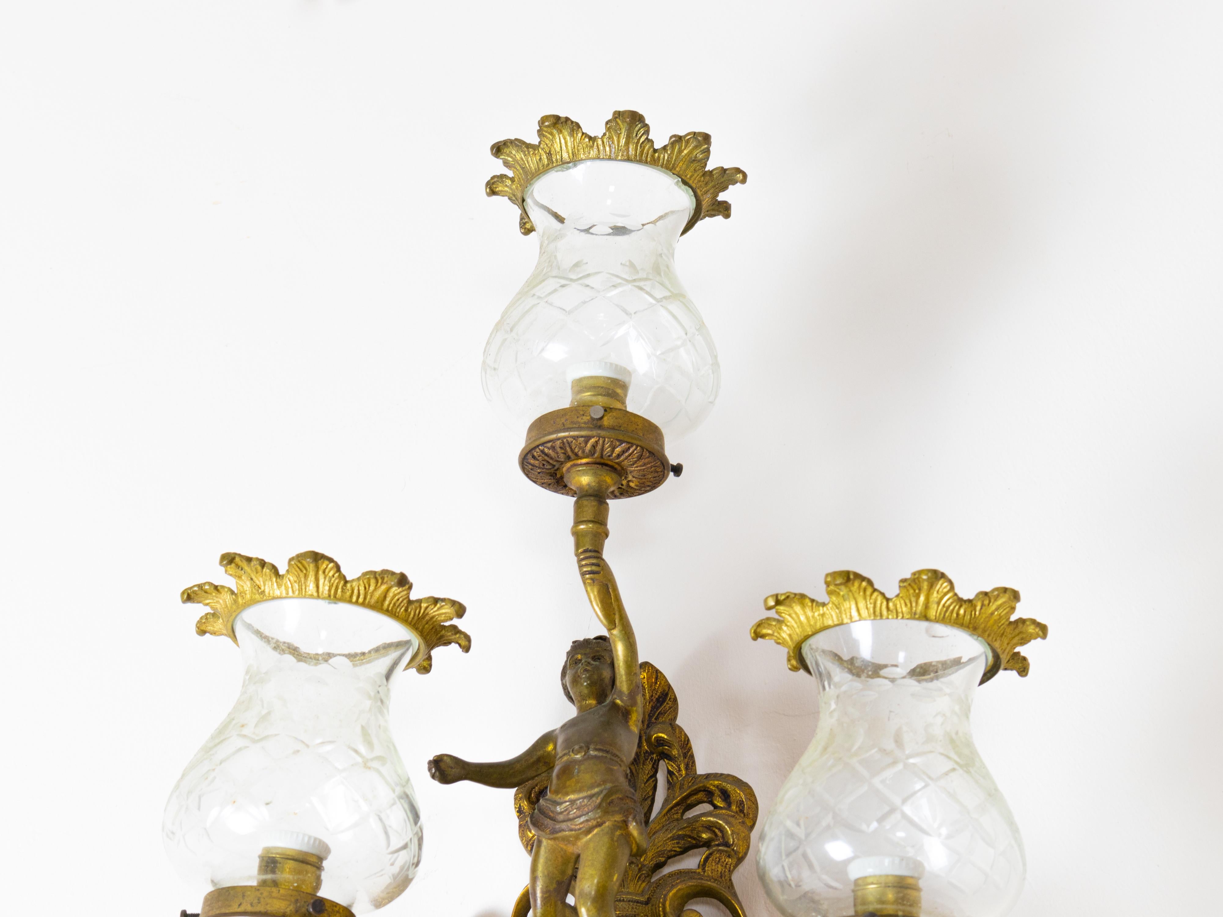 Pareja De Aplique De Bronce De Tres Brazos, Portugal, Años 1900 en Bueno estado para la venta en Lisbon, PT