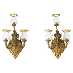 Antique Pair Of Three Arms Bronze Wall Sconce, Portugal, 1900s