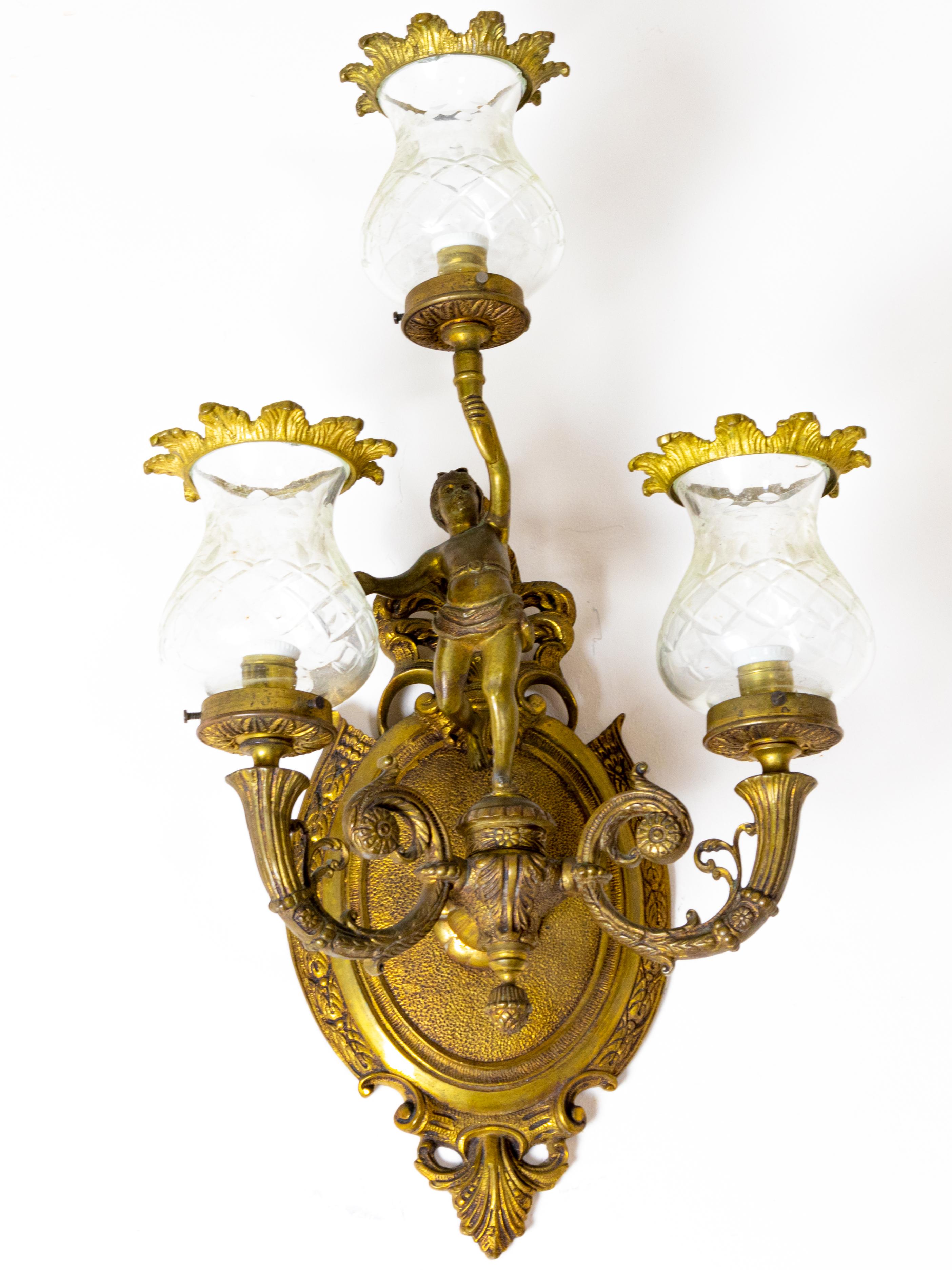 Portuguese Pair Of Three Arms Bronze Wall Sconce, Portugal, 1900s For Sale