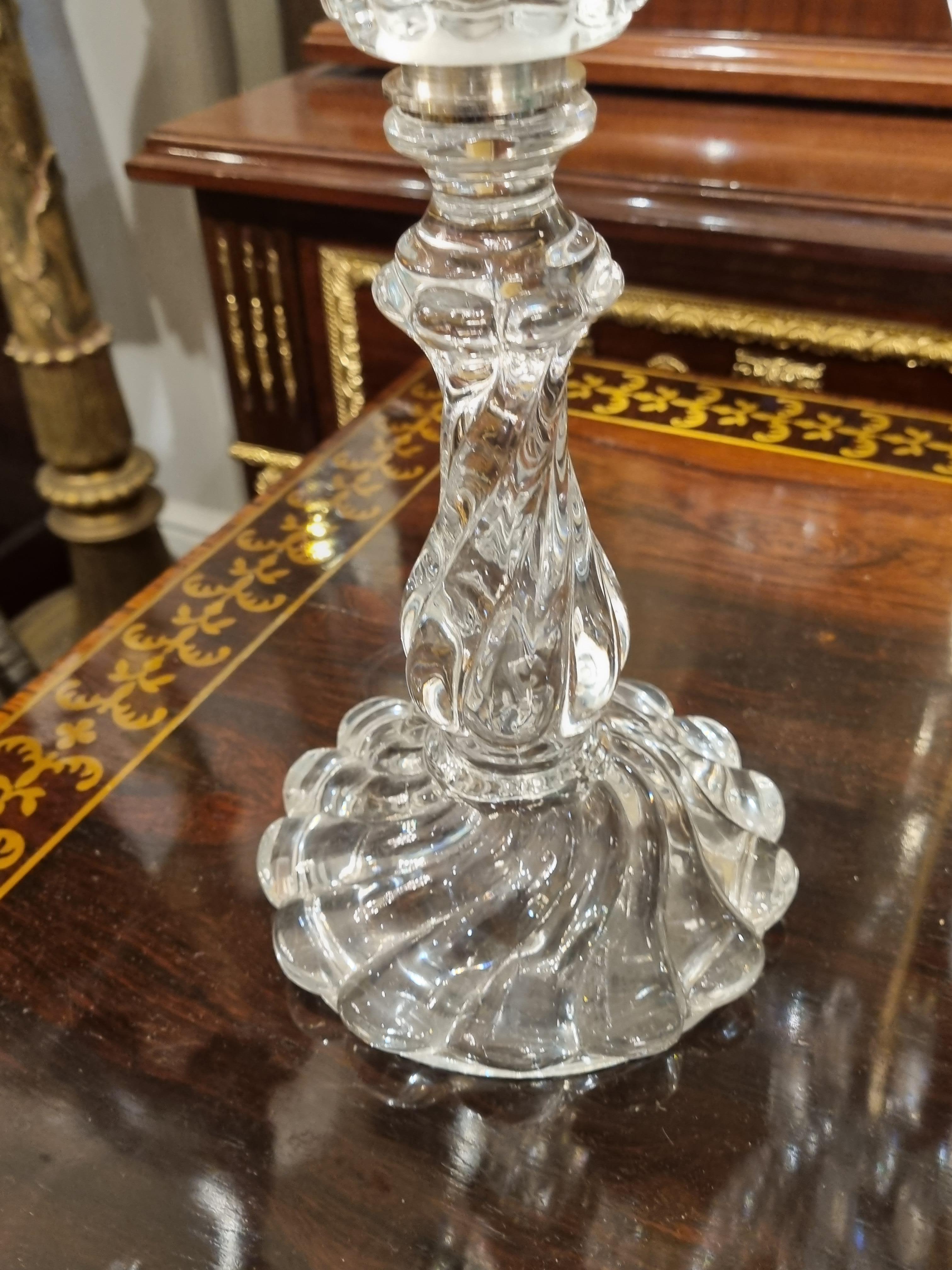 Beautiful Pair of Led Crystal Three Branch Candelabras
These Candelabras are very Much in the Baccarat Style
Excellent Quality, quite heavy
Lovely Turned Crystal Base 
They Date C20th