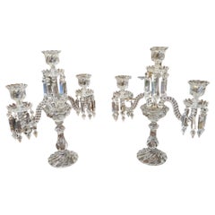 Antique Pair of three Branch Crystal Candelabras