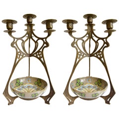 Pair of Three Branch Jugendstil Style Brass Candlesticks with Ceramic Bowl