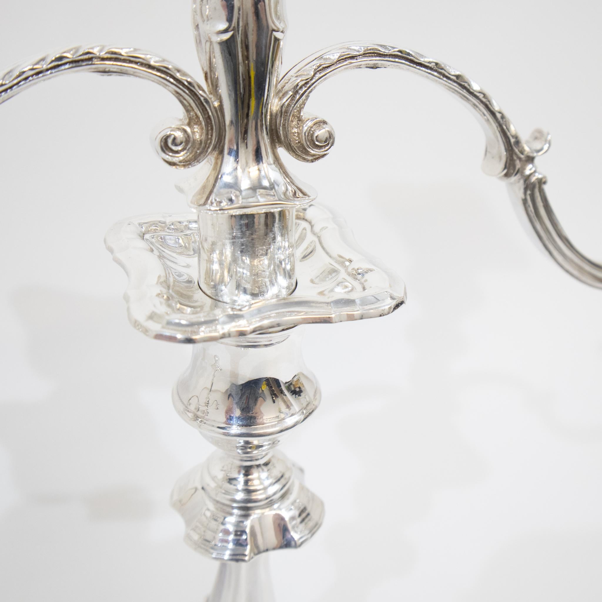English Pair of Three Branch Silver Candelabra For Sale
