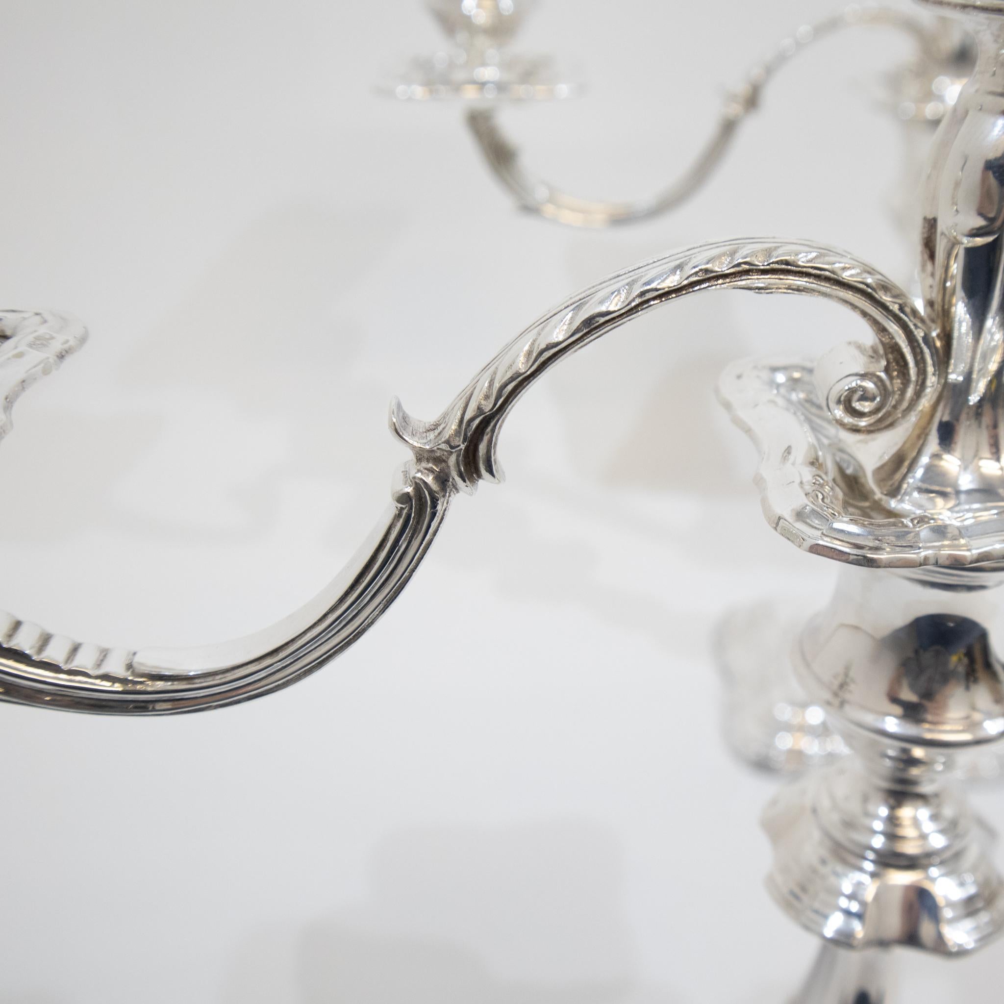 20th Century Pair of Three Branch Silver Candelabra For Sale