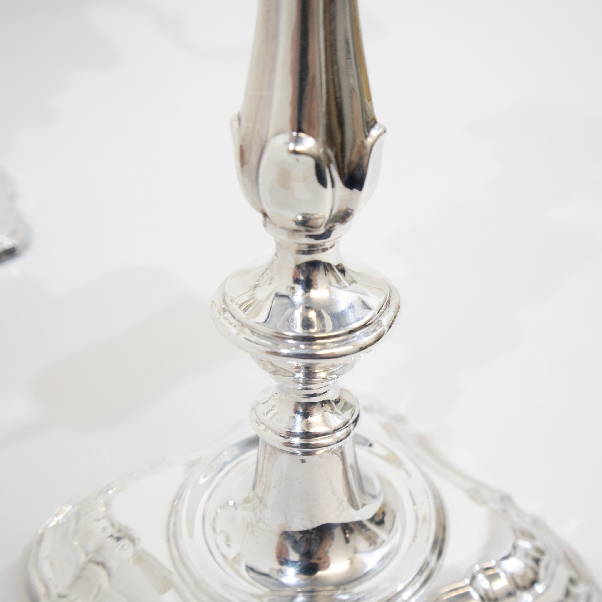 Pair of Three Branch Silver Candelabra For Sale 2