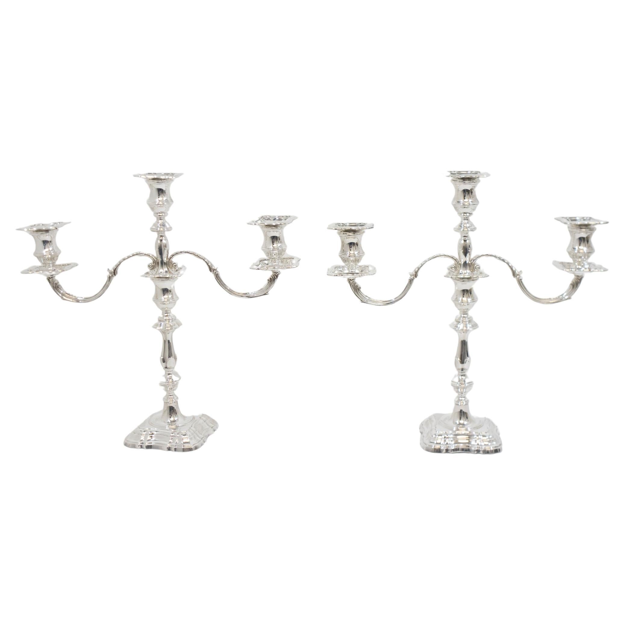 Pair of Three Branch Silver Candelabra For Sale
