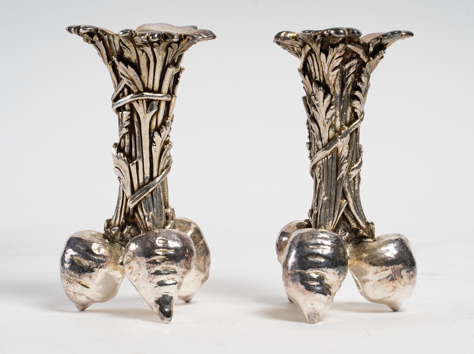 Silvered Pair of Three Carrot Vases